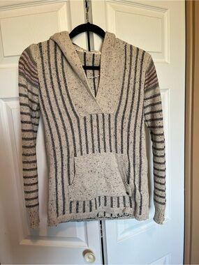 Roxy Cream and Black Striped Hooded Sweater with Subtle Purple Accents